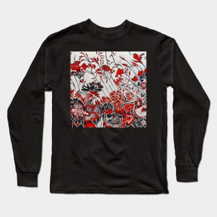 Woodcut Flowers in Red Long Sleeve T-Shirt